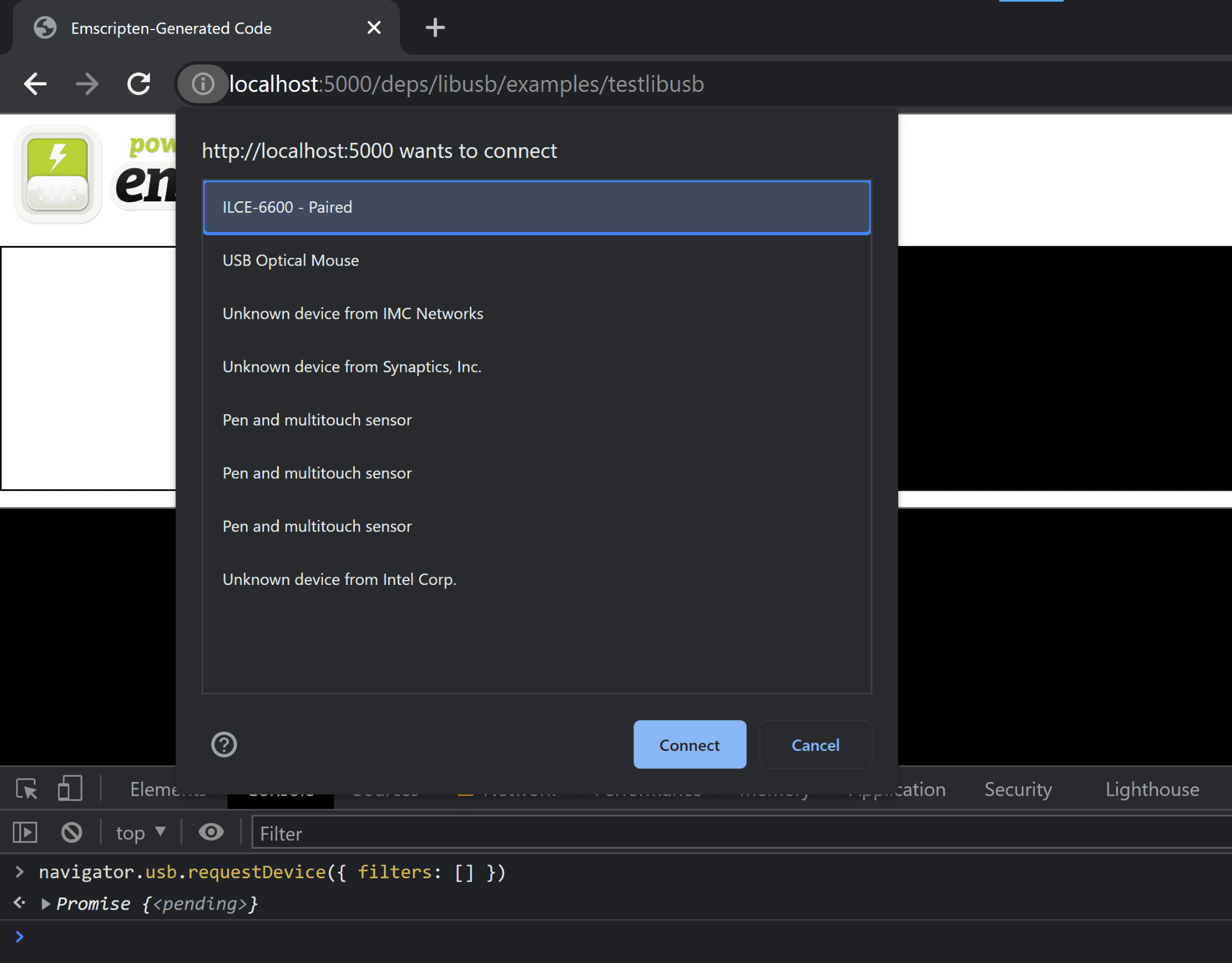 لقطة شاشة تعرض نافذة Chrome مع فتح &quot;أدوات مطوّري البرامج&quot; على صفحة testlibusb التي يتم عرضها محليًا تقيِّم وحدة تحكّم DevTools دالة navigator.usb.requestDevice({ filters: [] })‎، ما أدّى إلى ظهور طلب إذن، وهي تطلب حاليًا من المستخدم اختيار جهاز USB الذي يجب مشاركته مع الصفحة. تم اختيار ILCE-6600 (كاميرا Sony) حاليًا.