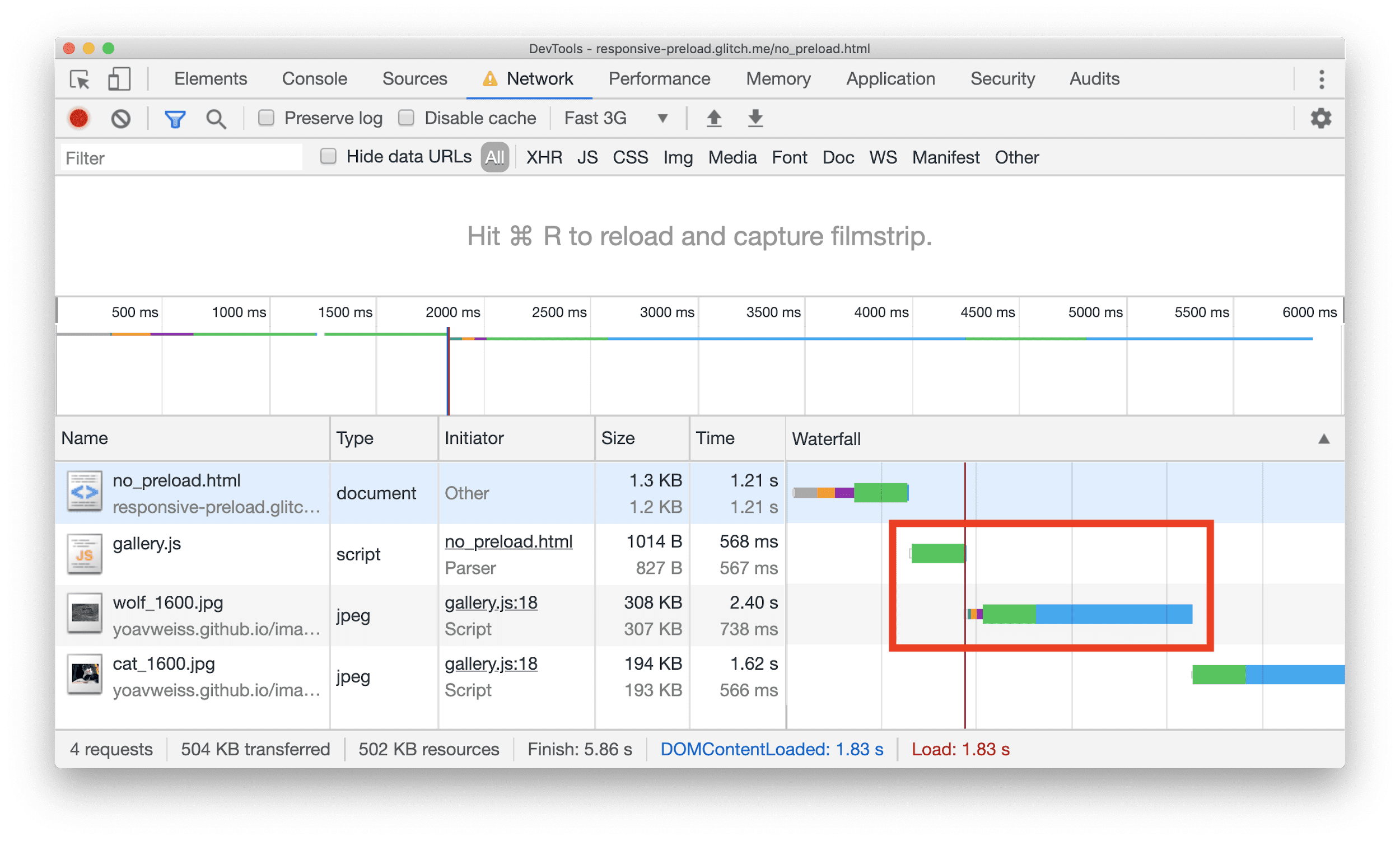 JPEG kaynağının yalnızca bazı JavaScript'lerden sonra indirilmeye başladığı bir şelaleyi gösteren Chrome Geliştirici Araçları Ağ paneli.