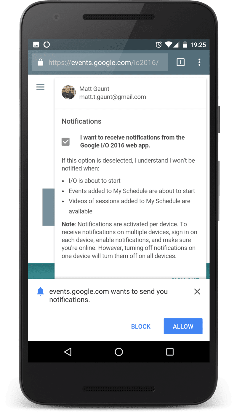 App da Web do Google I/O mostrando a solicitação de permissão.