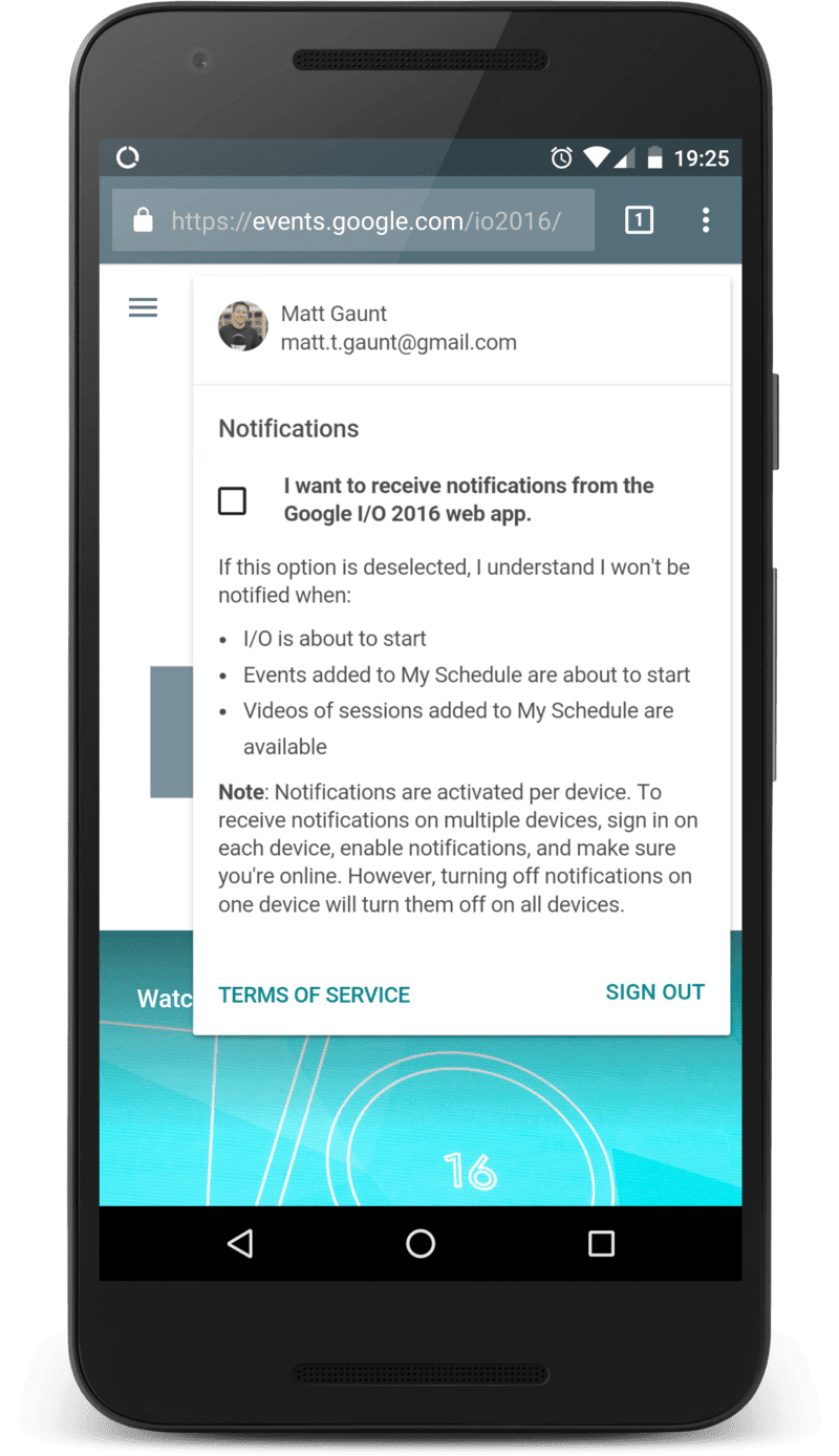 Painel de configurações no app da Web do Google IO para mensagens push.