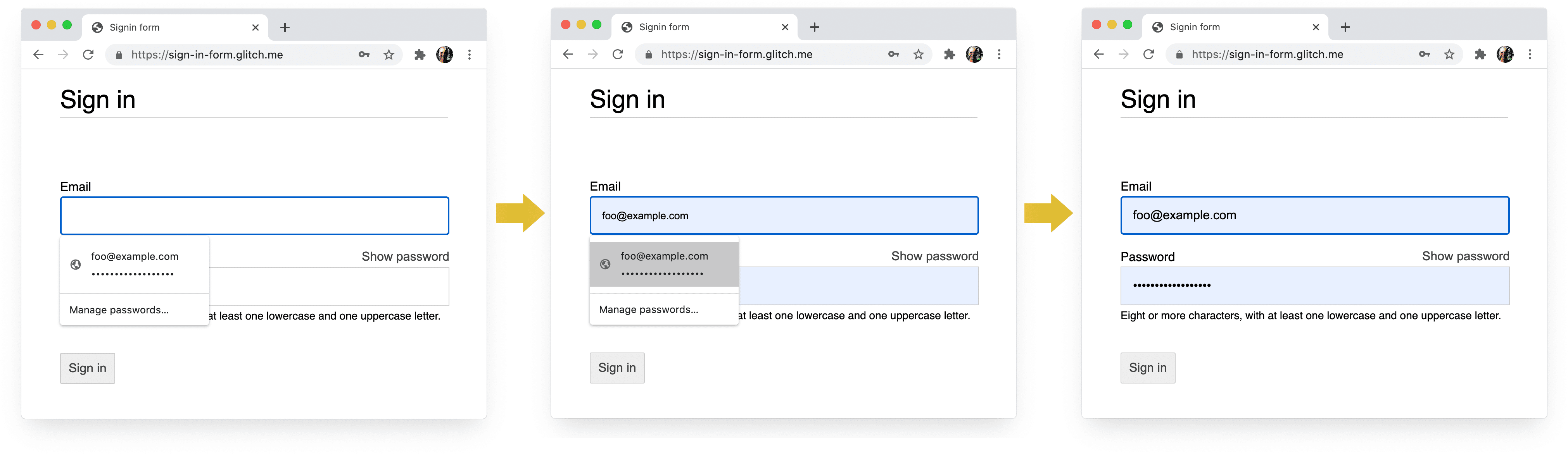 لقطات شاشة لأربع مراحل من عملية تسجيل الدخول في Chrome على الكمبيوتر المكتبي: إكمال عنوان البريد الإلكتروني، واقتراح عنوان البريد الإلكتروني، ومدير كلمات المرور، والملء التلقائي عند الاختيار