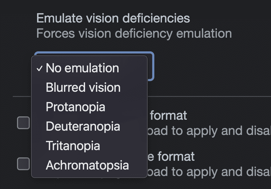 Görme bozukluklarını taklit etmek için emülasyon DevTools&#39;daki seçeneklerin ekran görüntüsü: Emülasyon yok, bulanık görme, protanopi, dötronopi, tritanopi, akromatopsi.
