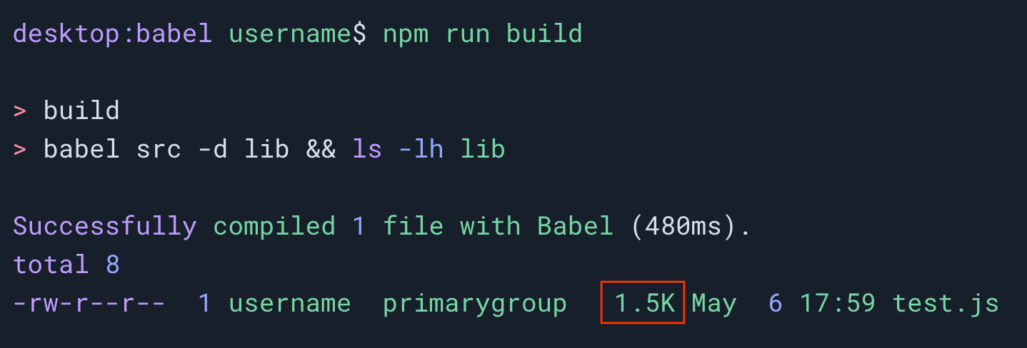 第二個終端機工作階段：當 babel 設為以 Baseline 2020 為目標時，npm run build 指令現在會產生 1.5 千位元檔案。