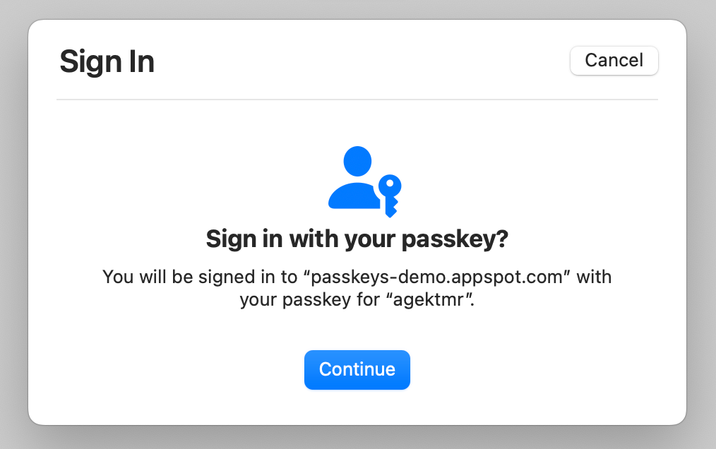 لقطة شاشة لمربّع حوار مفتاح المرور على نظام التشغيل macOS الذي يظهر عندما لا يكون Touch ID متاحًا يحتوي مربّع الحوار على معلومات مثل المصدر الذي يطلب المصادقة، بالإضافة إلى اسم المستخدم. في أعلى يسار مربّع الحوار، يظهر زرّ بعنوان "إلغاء".