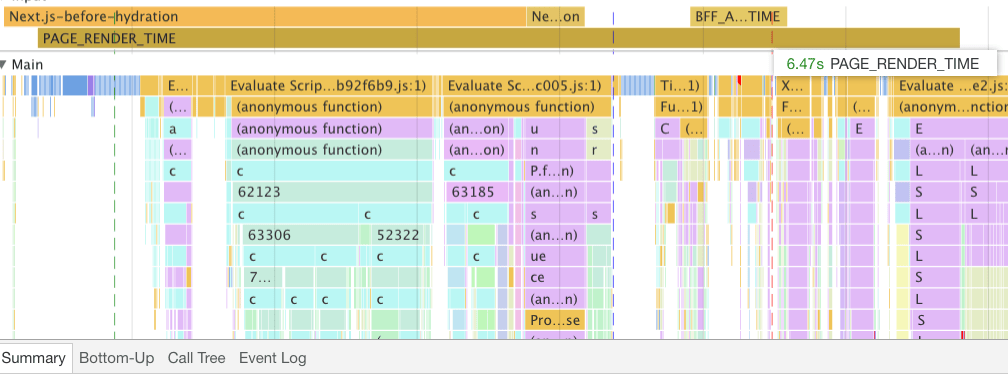 Captura de pantalla del generador de perfiles de rendimiento en Chrome DevTools que genera perfiles del rendimiento de carga de la app de Disney+ HotStar en un dispositivo de smart TV real. Una métrica personalizada llamada PAGE_RENDER_TIME tiene un valor de 6.47 segundos.
